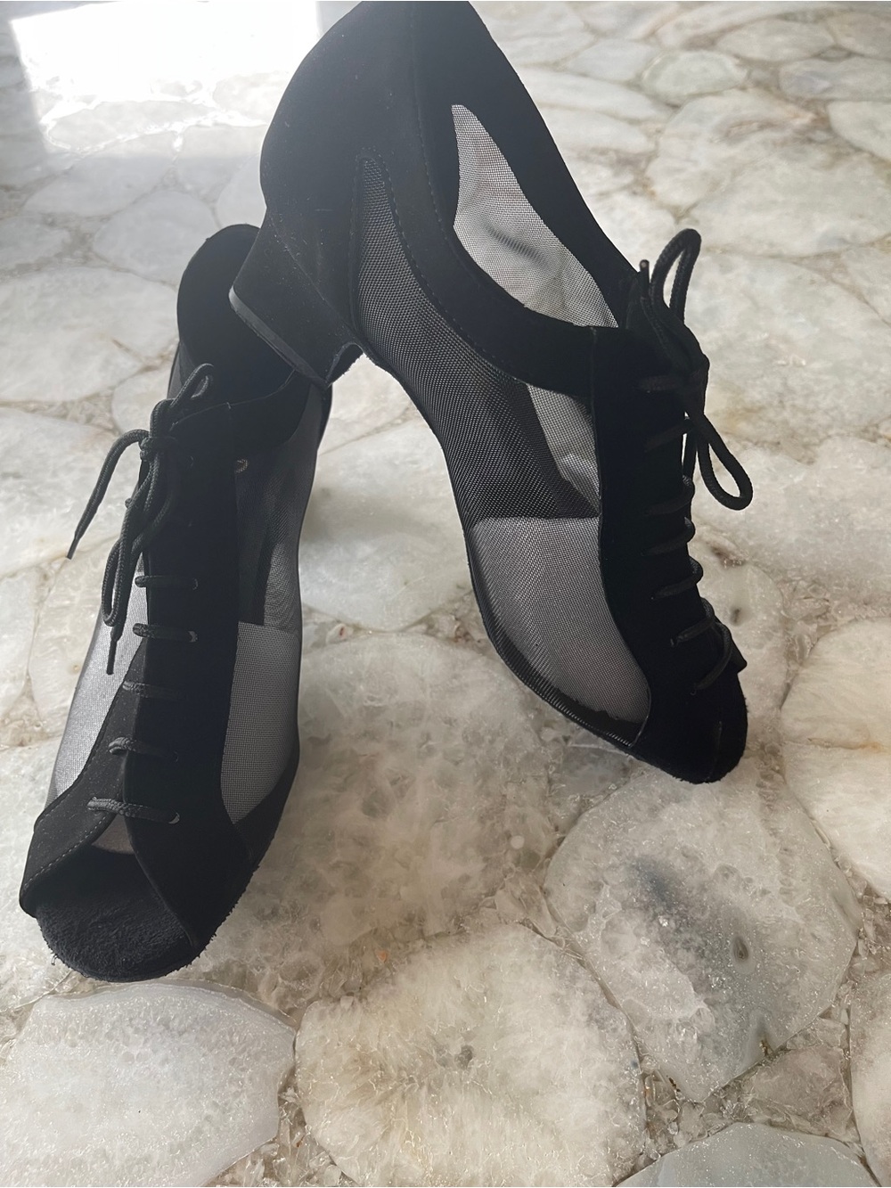 Women's Black Mesh Lace-Up Peep-Toe Heels for Dancing